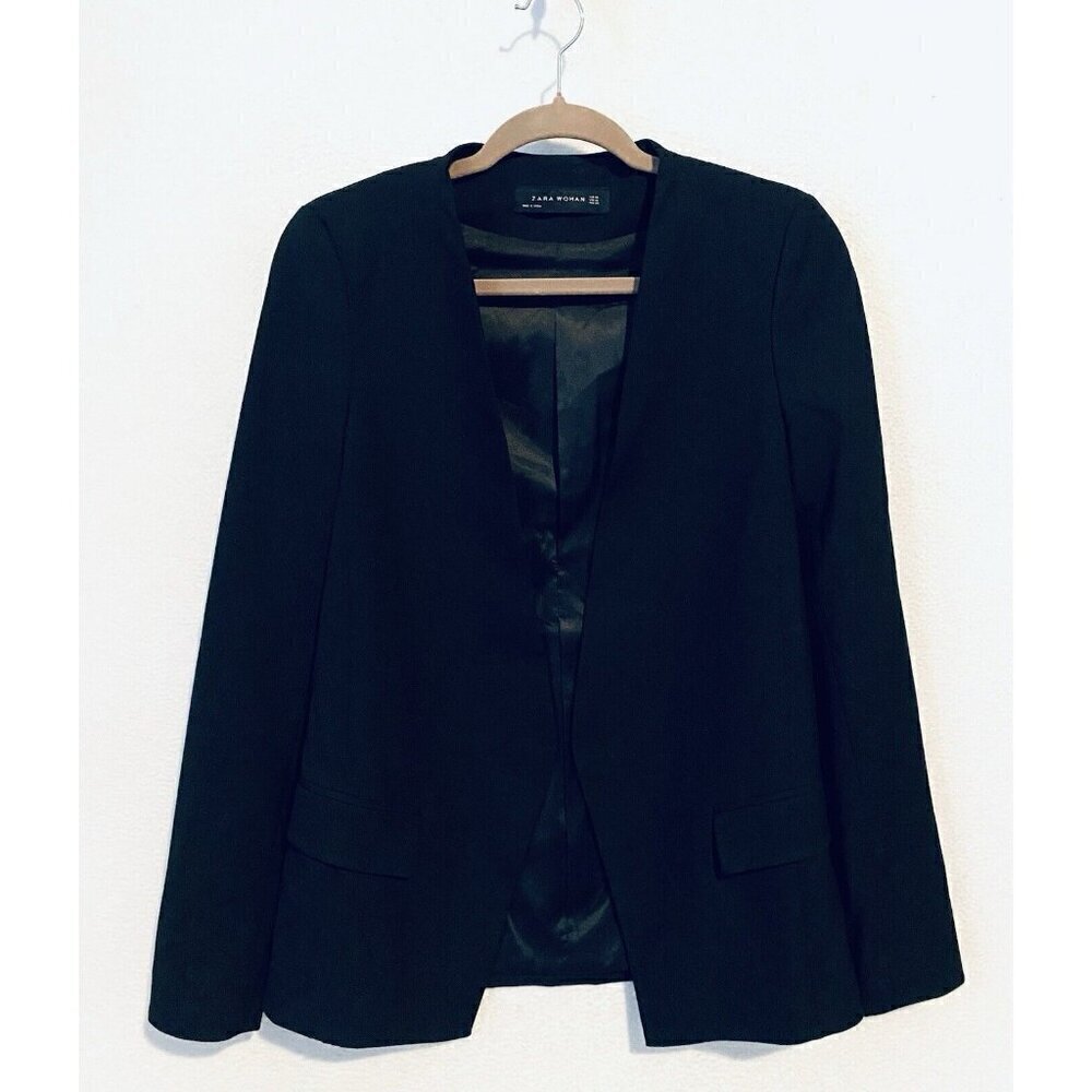 Zara Blazer Womens XS Black Open Front Faux Front Pockets Minimalist Classic